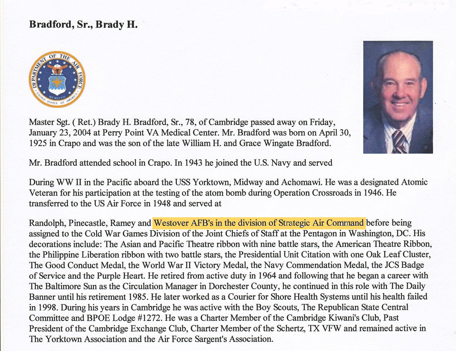 MSgt. Bradford's Obituary